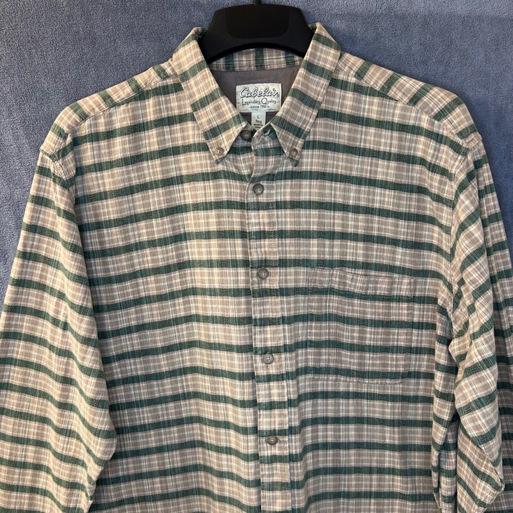 Cabelas Mens Large Green Tan Striped Cotton Casual Long Sleeve Button Down Shirt